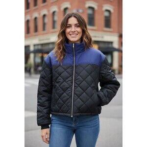 WeWoreWhat Puffer Oversized Quilted Jacket Women L Blue Black Cropped Quuilted